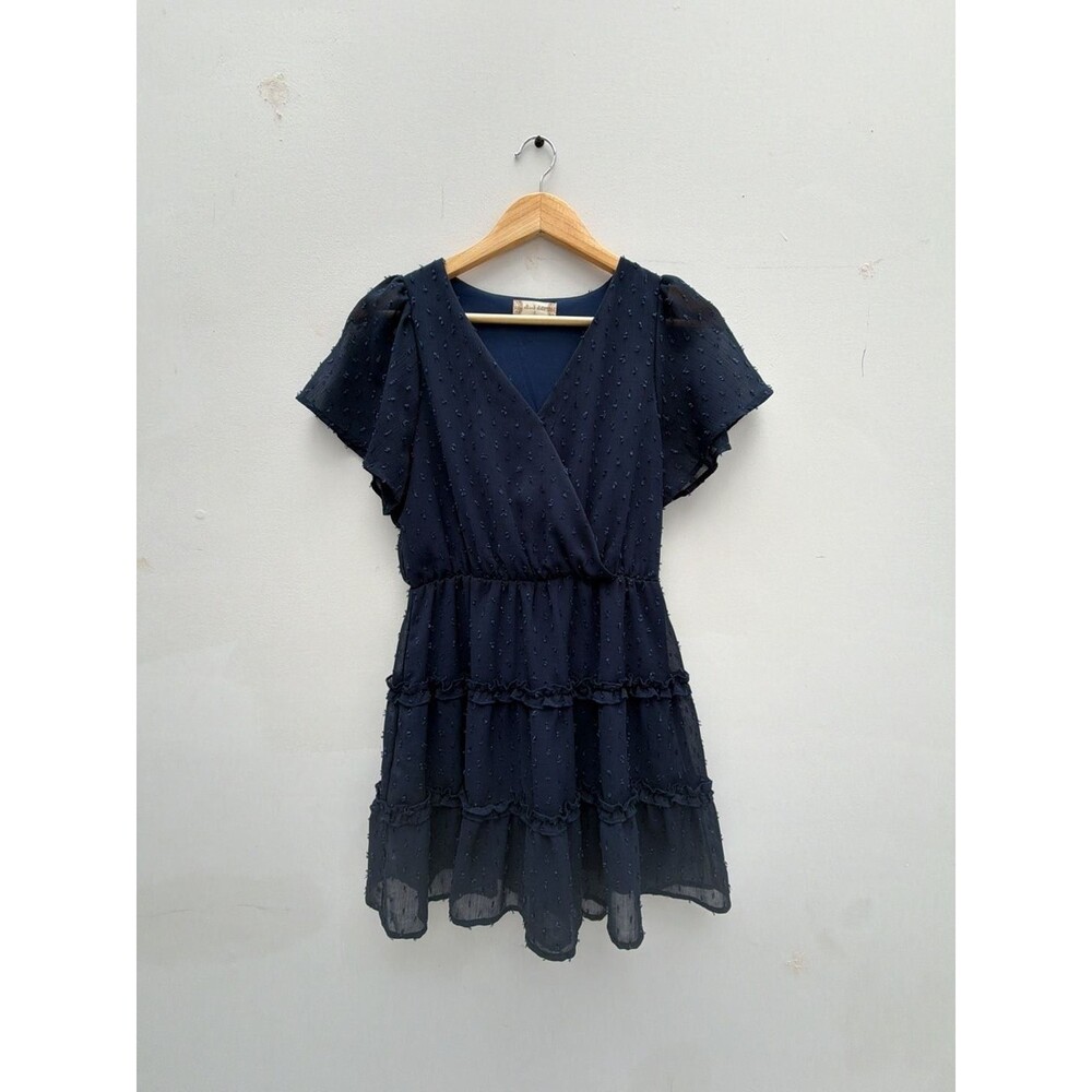 Altar'd State Navy Swiss Dot Tiered Surplice Ruffle Mini Dress